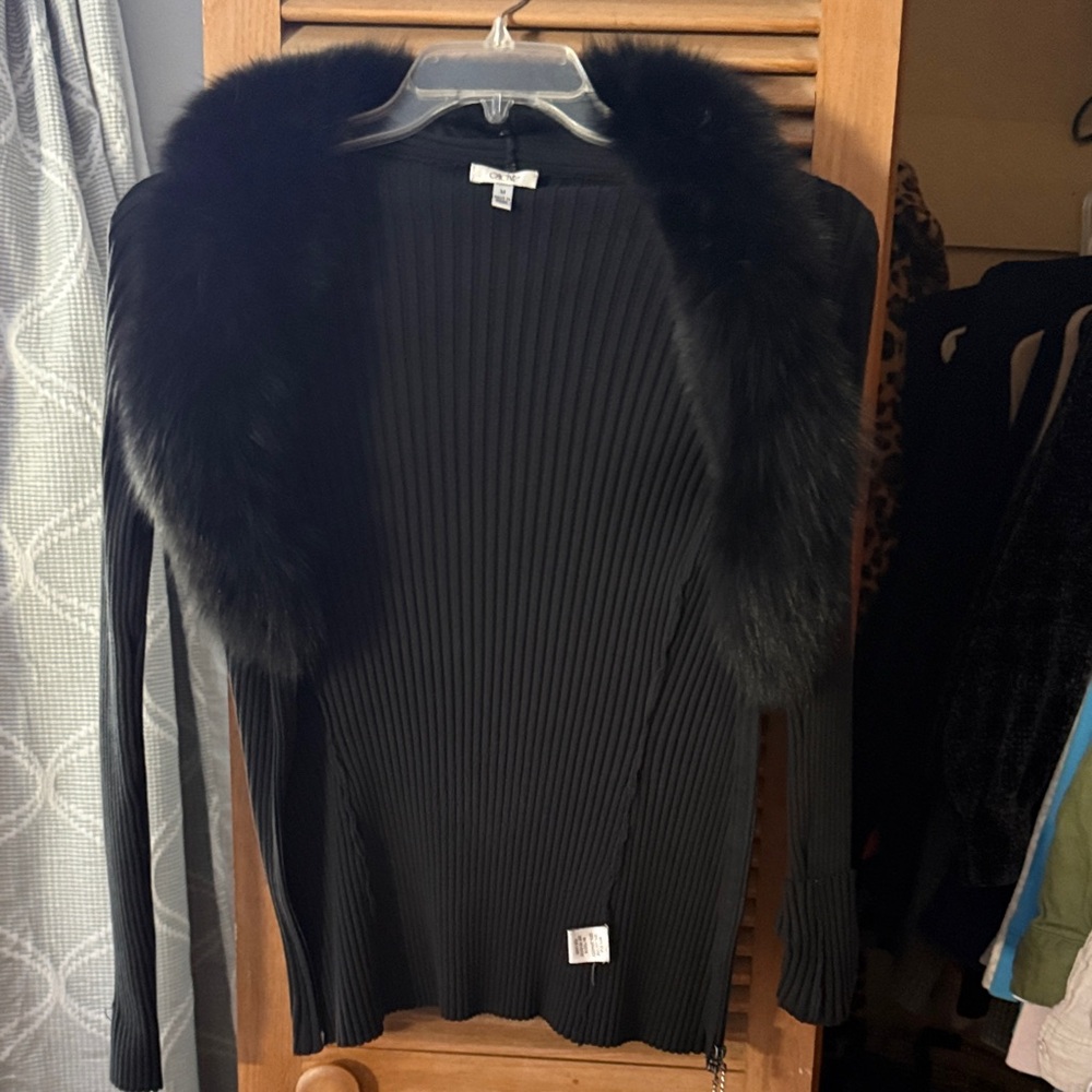 Black Ribbed Sweater with REAL  Fur Collar